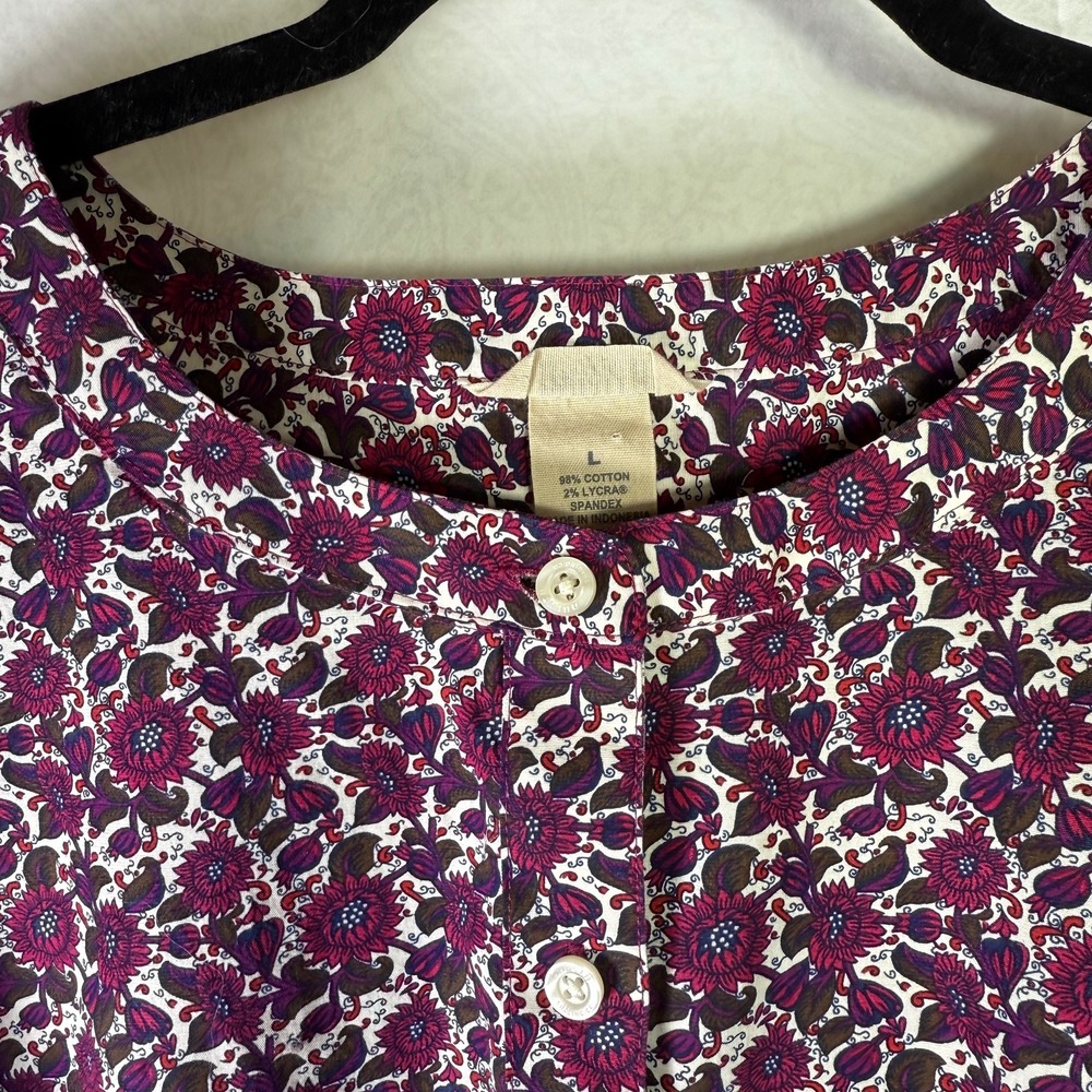 Duluth Trading Co Womens Burgundy Floral Button Up Tunic Blouse L Cotton Stretch - Picture 5 of 11
